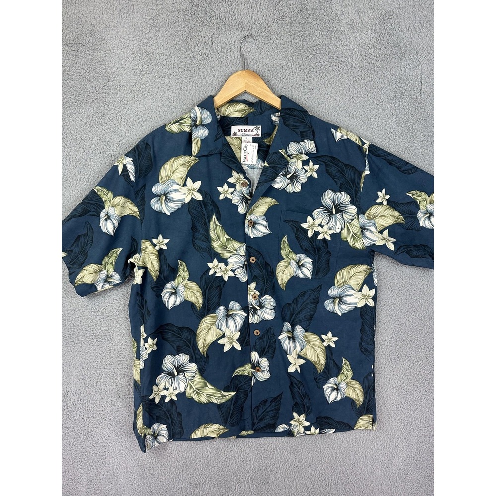 Summa Shirt Mens Large Blue Silk Hawaiian Aloha Camp Button Front Floral Resort